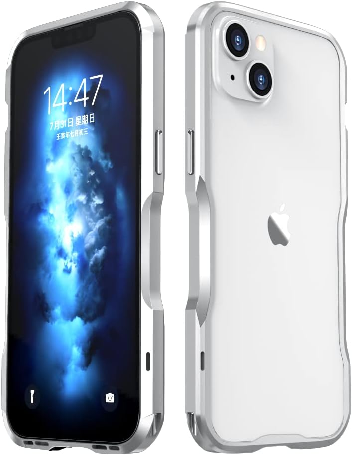HENGHUI Bumper Case Compatible with iPhone 14 Aluminum Bumpers Metal Frame Bumper Cover Shock Absorbent Slim Cool Design (Silver) - Image 1